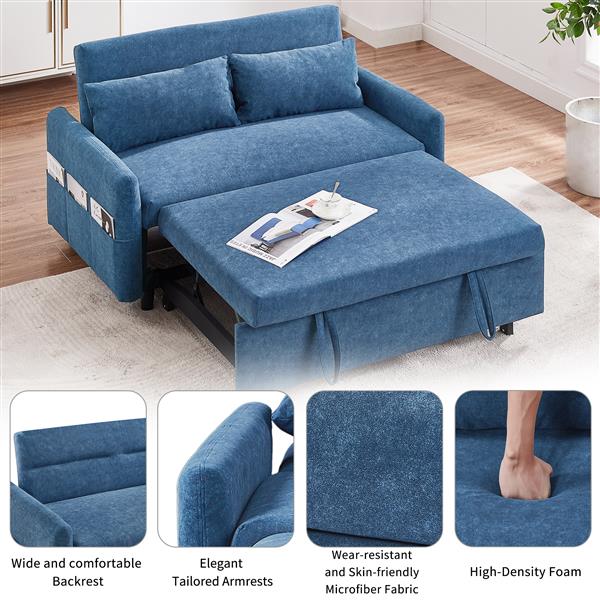 55.1" Pull Out Sleep Sofa Bed Loveseats Sofa Couch with Adjsutable Backrest, Storage Pockets, 2 Soft Pillows, USB Ports for Living Room, Bedroom, Apartment, Office, Blue