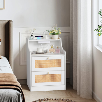 [FCH] white particleboard with triamine matt gold tapered handle 45*35*63cm rattan two drawers with compartments bedside table 1 wireless + 2 USB ports + 2 US standard three-plug ports