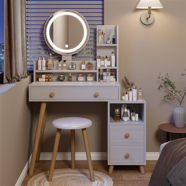 Round Mirror Bedside Cabinet Vanity Table + Cushioned Stool, 17" diameter LED Mirror, Touch Control, 3-color, Brightness adjustable, Large Desktop, Right Bedside Cabinet, Multi-layer Storage