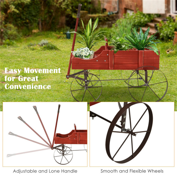 Wooden plant frame with wheels, red planting pot