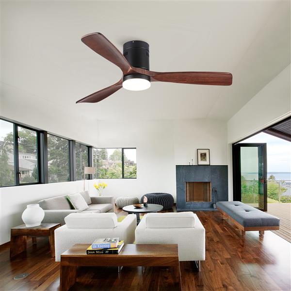 Flush Mount Ceiling Fan with Integrated LED Light in Solid Wood Blades