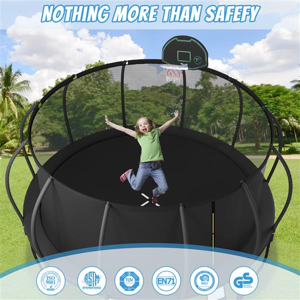 12FT Trampoline for Kids with Upgraded ArcPole and Composite TopLoop for Safety Enclosure, Plus Basketball Board and 10 Ground Stakes, Outdoor Recreational Playset Balance Physical Training Trampoline