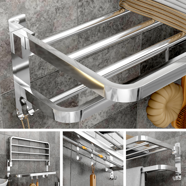 Bathroom Towel Rack Wall Mounted,16" Foldable Bath Towel Shelf with Double Towel Bars for Bathroom SUS304 Stainless Steel Towel Holder with Hooks Rustproof Hanger for Shower, Sliver