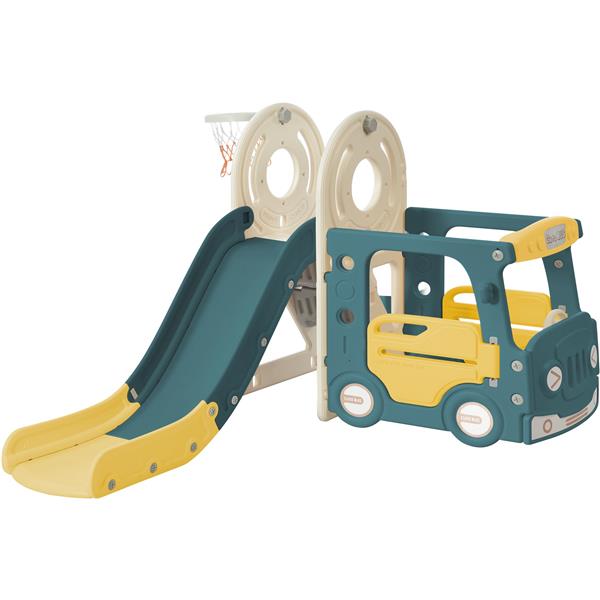 Kids Slide with Bus Play Structure,  Bus Toy with Slide for Toddlers, Bus Slide Set with Basketball Hoop