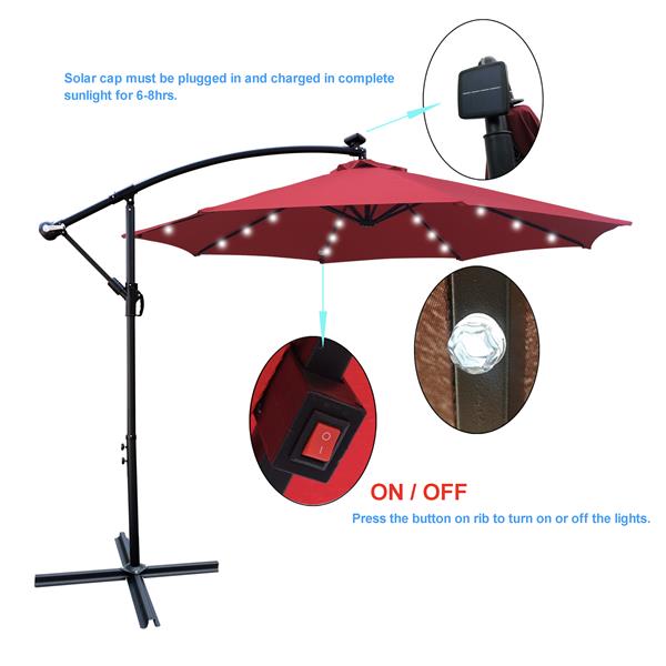 10 ft Outdoor Patio Umbrella Solar Powered LED Lighted 8 Ribs Umbrella with Crank and Cross Base for Garden  Outside Deck Swimming Pool