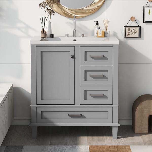 30" Bathroom Vanity , Modern Bathroom Cabinet with Sink Combo Set, Bathroom Storage Cabinet with a Soft Closing Door and 3 Drawers, Solid Wood Frame(Grey)