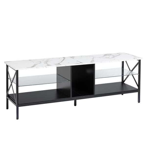 TV stand,Iron TV cabinet,entertainment center, TV set, media console, with LED lights, remote control,toughened glass stand,can be placed in the living room, bedroom, color:white with marble texture