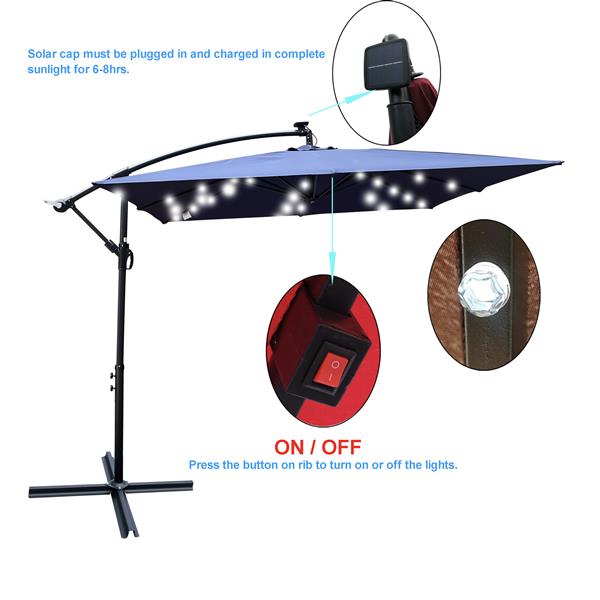 Square 2.5X2.5M Outdoor Patio Umbrella Solar Powered LED Lighted Sun Shade Market Waterproof 8 Ribs Umbrella with Crank and Cross Base for Garden Deck Backyard Pool Shade Outside Deck Swimming Pool