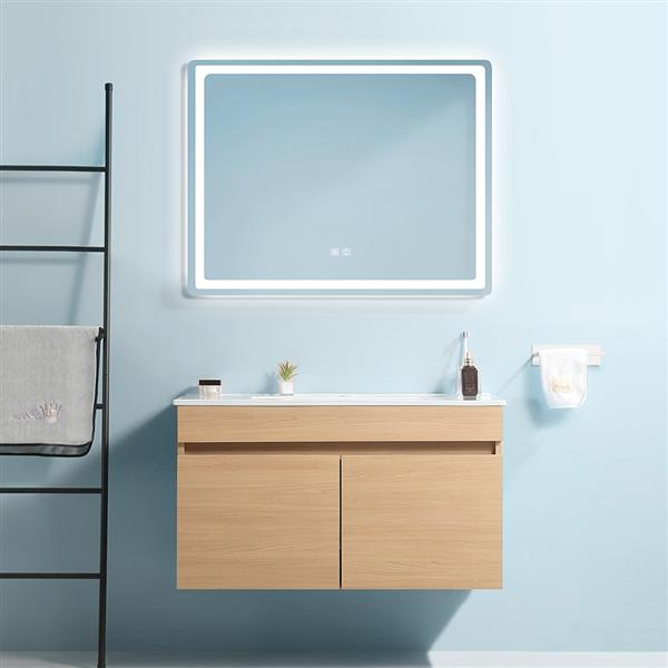 30 Inch Wall Mounted Bathroom Vanity with White Ceramic Basin,Two Soft  Close Cabinet Doors, Solid Wood,Excluding faucets,Light Oak