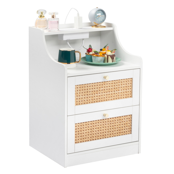 [FCH] white particleboard with triamine matt gold tapered handle 45*35*63cm rattan two drawers with compartments bedside table 1 wireless + 2 USB ports + 2 US standard three-plug ports