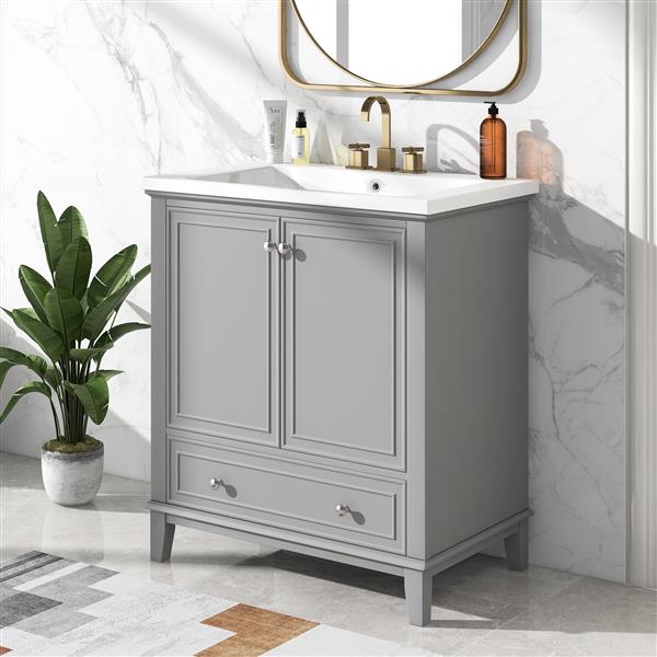 30" Bathroom Vanity with Sink Combo, Multi-functional Bathroom Cabinet with Doors and Drawer, Solid Frame and MDF Board, Grey