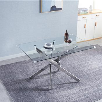 Modern Glass Table for Dining Room/Kitchen, 0.39\\" Thick Tempered Glass Top, Chrome Stainless Steel Base