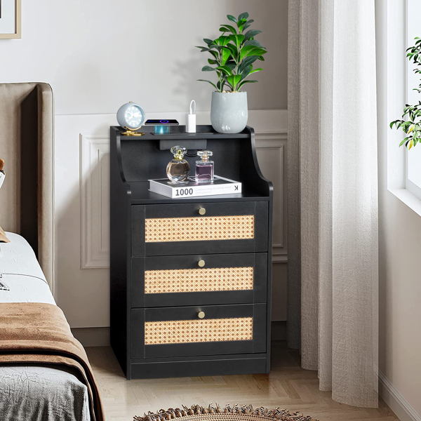 FCH black particle board with triamcinol matt gold tapered handle 45*35*73cm rattan three drawers with compartments bedside table 1 wireless + 2 USB ports + 2 US standard three-plug ports