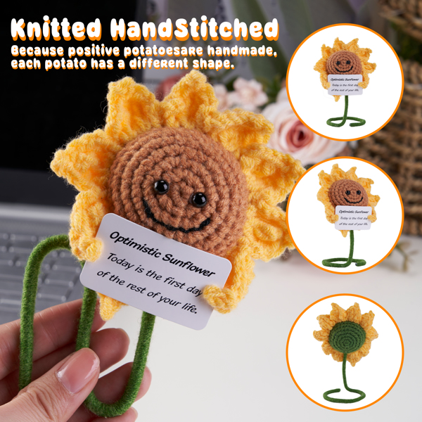 Positive Toy Gifts Funny Crochet Knitted Doll with Positive Card, Mini Creative Small Gifts for Friends, Family, Party Decoration Encouragement，Birthday Gifts (Sunflower) No Delivery on Weekends