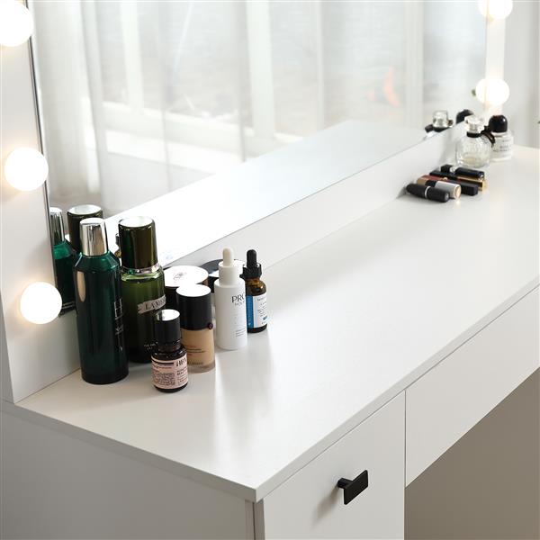 Vanity table with lighted mirror, vanity desk with 3 drawers and storage cabinet,3 color lighting modes adjustable brightness, white color