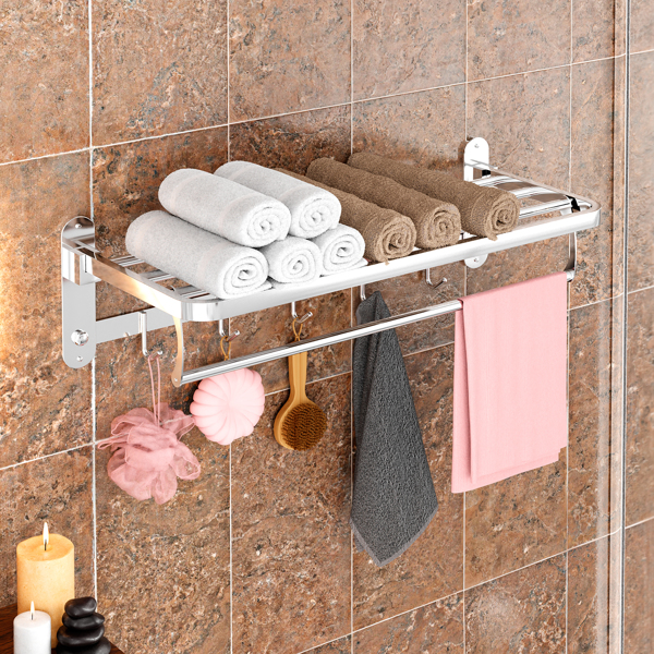 Bathroom Towel Rack Wall Mounted with Towel Bar and 5 Hooks,SUS304 Stainless Steel 24" Foldable Towel Shelf Holder Hanger for Lavatory Apartment Modern Organizer,Sliver