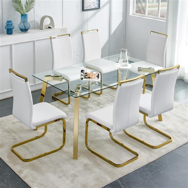 Modern minimalist style rectangular glass dining table with tempered glass tabletop and golden metal legs, suitable for kitchen, dining room, and living room, 63 inches * 35.4 inches * 30 inches