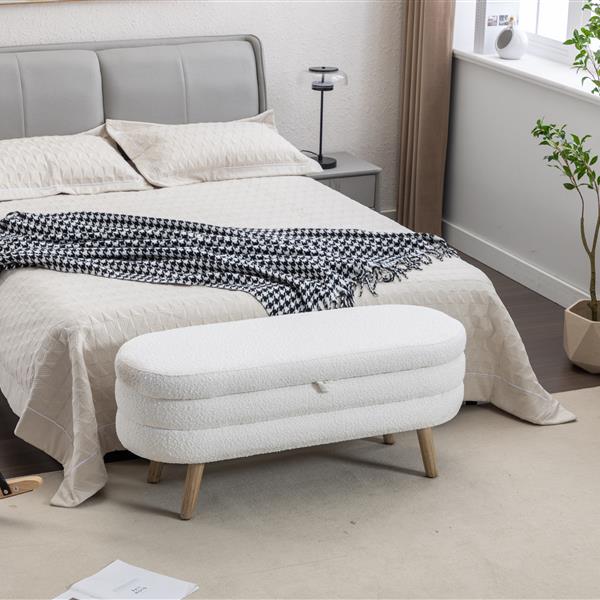 036-Boucle Fabric Storage Bench Bedroom Bench With Wood Legs For Living Room Bedroom Indoor,Ivory