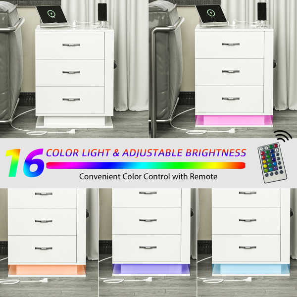 RGB LED With with Charging Station and USB Ports 3 Drawer Side Cabinet Bedside Table Nightstand Left Side White