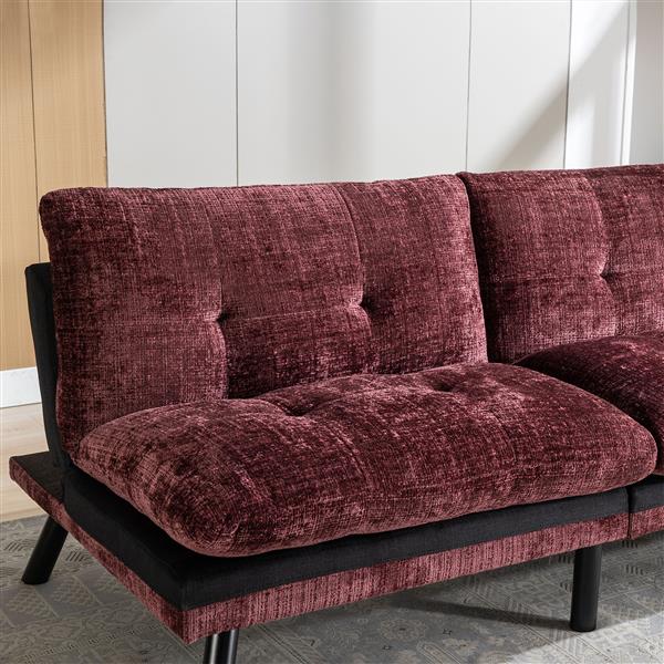 Convertible Sofa Bed  Loveseat Futon Bed Breathable Adjustable Lounge Couch with Metal Legs,Futon Sets for Compact Living Space  Chenille- Wine Red