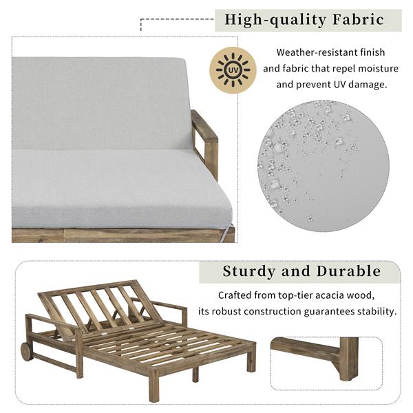 1-Piece Farmhouse-styled Wooden Outdoor Sunbed for Ultimate Relaxation Outdoor Daybed Seating 2 People for Poolside, Garden and Backyard (Grey)