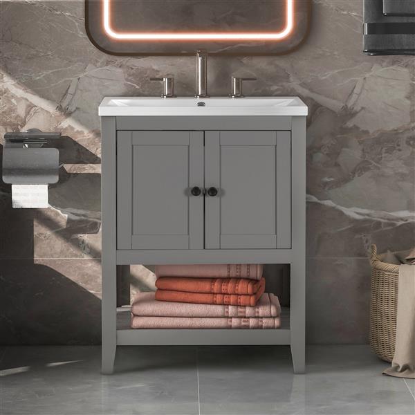 [VIDEO] 24" Grey Modern Sleek Bathroom Vanity Elegant Ceramic Sink with Solid Wood Frame Open Style Shelf