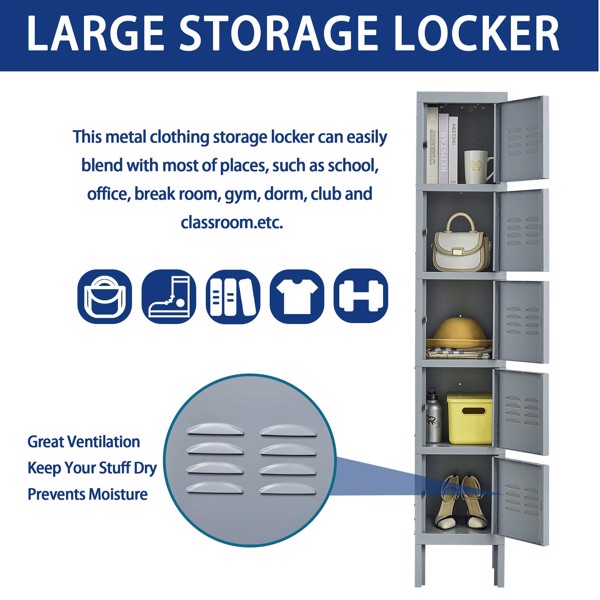 5 Door 66"H Metal Lockers With Lock for Employees,Storage Locker Cabinet for Home Gym Office School Garage,Gray