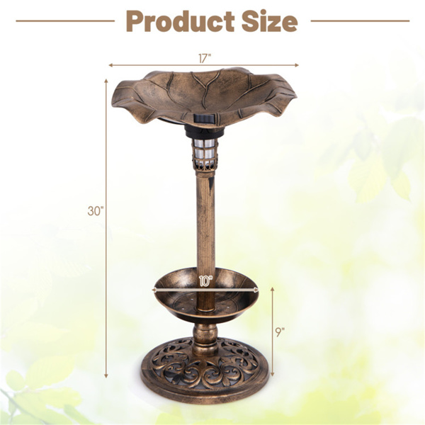 Bronze Standing Pedestal Birdbath and Feeder Combo with Solar Powered Lamp