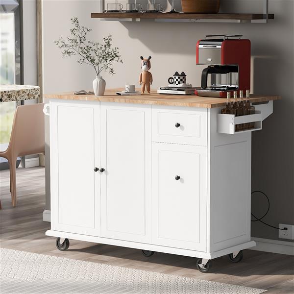 Kitchen Island with Drop Leaf, 53.9" Width Rolling Kitchen Cart on Wheels with Internal Storage Rack and 3 Tier Pull Out Cabinet Organizer, Kitchen Storage Cart with Spice Rack, Towel Rack (White)