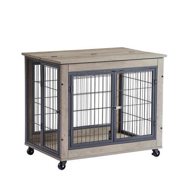 Furniture Dog Cage Crate with Double Doors on Casters. Grey, 31.50'' W x 22.05'' D x 24.8'' H.