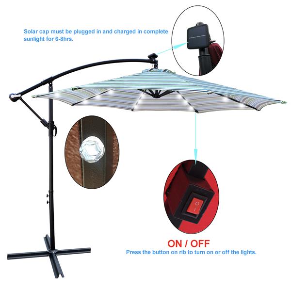 10 ft Outdoor Patio Umbrella Solar Powered LED Lighted Sun Shade Market Waterproof 8 Ribs Umbrella with Crank and Cross Base for Garden Deck Backyard Pool Shade Outside Deck Swimming Pool