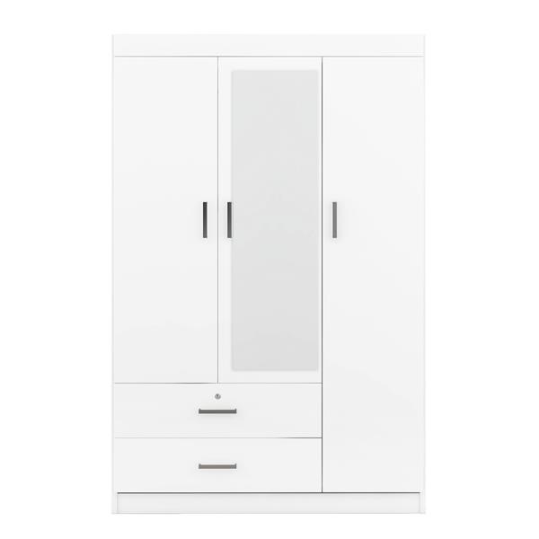 3-Door Mirror Wardrobe with shelves, White