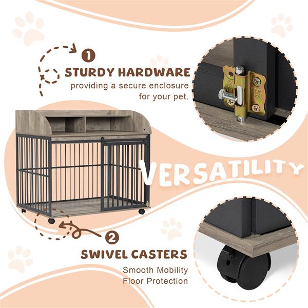 44'' Heavy Duty Large Dog Crate Furniture for Large Medium Dog with Lockable Wheels, Wooden Dog Crate Dog Kennel, End Table Crate with Double layer storage, Gray