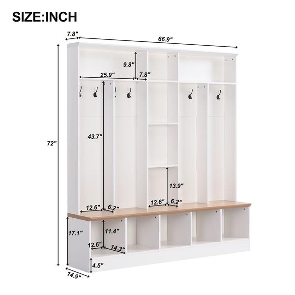 Wide Design Hall Tree with Storage Bench, Minimalist Shoe Cabinet with Cube Storage & Shelves, Multifunctional Coat Rack with 8 Hooks for Entryways, Mudroom, White