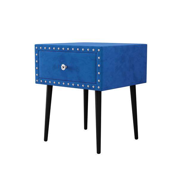 Modern Nightstands Set of 2 with Drawer and Crystal Handle, Elegant Rivet Velvet Design Bedside Table for Bedroom, Blue