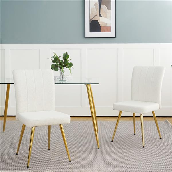 Modern White teddy wool dining chair, upholstered chair with fabric accent side chair with gold-plated metal legs for family furniture living room, bedroom, kitchen, dining room(set of 4)