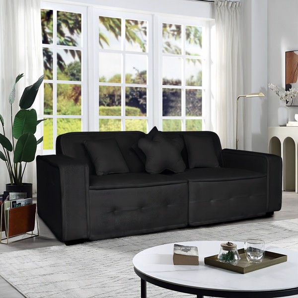 Black, Velvet cloth Modern Indoor Sofa With Three Pillows, 93.50"*35.23"*30.70"