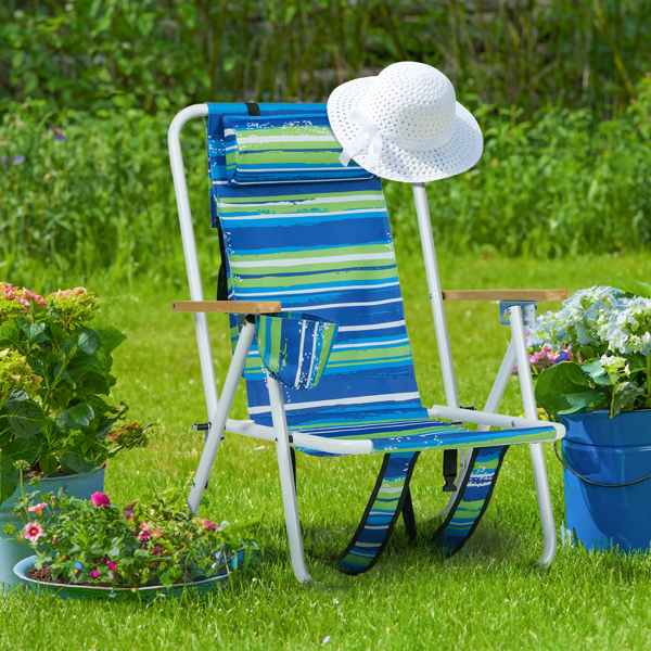 Folding Beach Chair Set of 2 for Adults, 4 Position Portable Backpack Foldable Camping Chair with Headrest Cup Holder and Wooden Armrests, Blue & Green Stripes