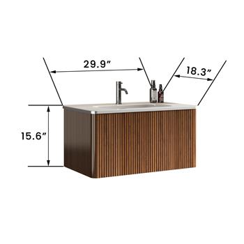 U047-30W-305  30\\" Striped Walnut Bathroom Vanity with White Ceramic Sink, Wall Mounted Floating Bathroom Vanity for Modern Bathroom, One-Piece White Basin without Drain and Faucet