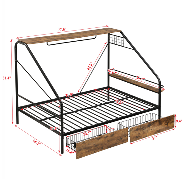 Full Size Metal Frame Platform Bed with Clothes Rack, Storage Shelves and 2 Drawers, Black 