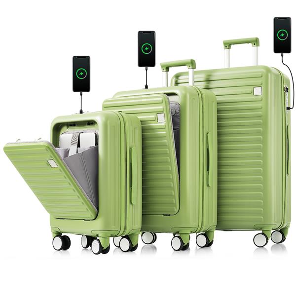 Luggage Set of 3, 20, 24, 28inch with USB Port, 20, 24inch with front opening design Airline Certified Carry on Luggage with Cup Holder, ABS Hard Shell Luggage with Spinner Wheels, light green