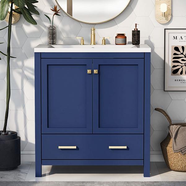 30" Blue Bathroom Vanity with Single Sink, Combo Cabinet Undermount Sink, Bathroom Storage Cabinet with 2 Doors and a Drawer, Soft Closing, Multifunctional Storage, Solid Wood Frame