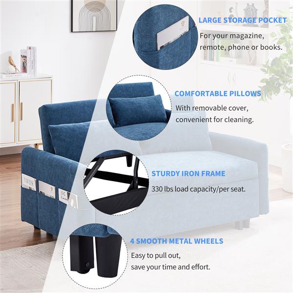 55.1" Pull Out Sleep Sofa Bed Loveseats Sofa Couch with Adjsutable Backrest, Storage Pockets, 2 Soft Pillows, USB Ports for Living Room, Bedroom, Apartment, Office, Blue