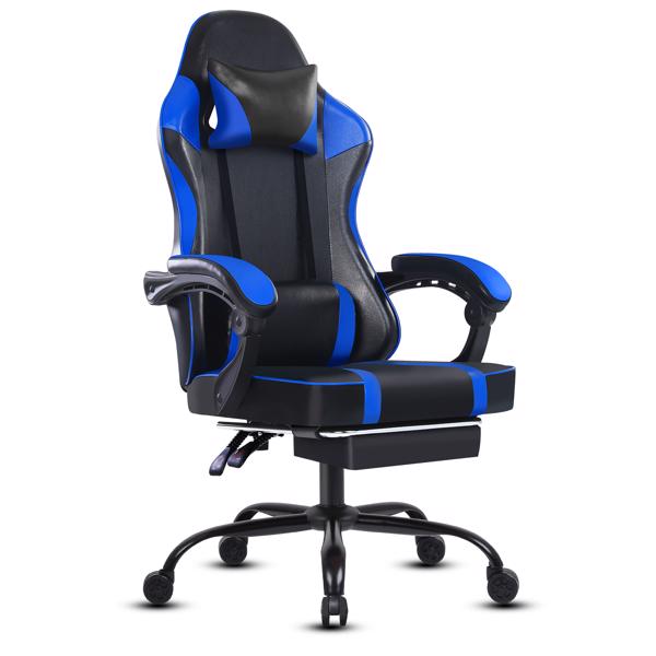 Video Game Chairs for Adults, PU Leather Gaming Chair with Footrest, 360°Swivel Adjustable Lumbar Pillow Gamer Chair, Comfortable Computer Chair for Heavy People, Blue