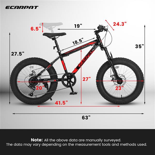 Kids Bike 20 Inch Wheels, 4" Wide Fat Tire Snow Mountain Bike Ages 8-12 Year Old, Steel Frame, 7 Speed Teenager Children Kids' Bicycles