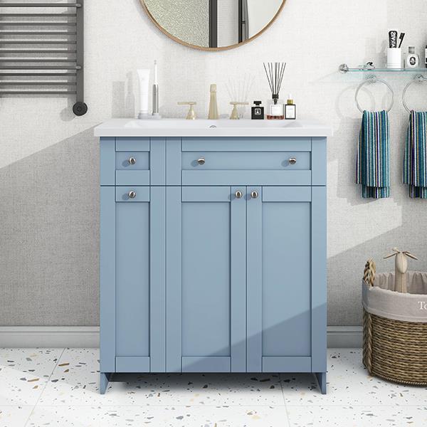 Modern 30-Inch Bathroom Vanity Cabinet with Easy-to-Clean Resin Integrated Sink in Blue