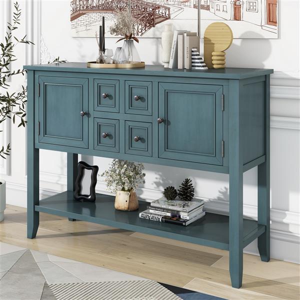 Series  Ample Storage Vintage Console Table with Four Small Drawers and Bottom Shelf for Living Rooms, Entrances and Kitchens (Dark Blue