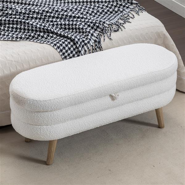 036-Boucle Fabric Storage Bench Bedroom Bench With Wood Legs For Living Room Bedroom Indoor,Ivory