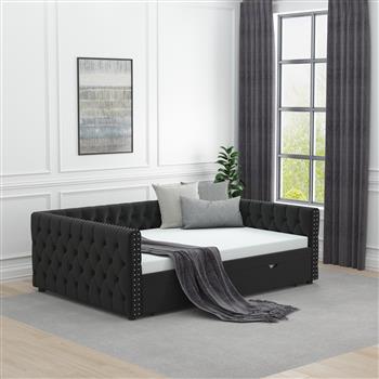 Daybed with Trundle Velvet Upholstered Tufted Sofa Bed, with Button and Copper Nail onSquare Arms,Full Daybed & Twin Trundle-  For Bedroom, Living Room, Guest Room,(83\\"x57\\"x26\\")