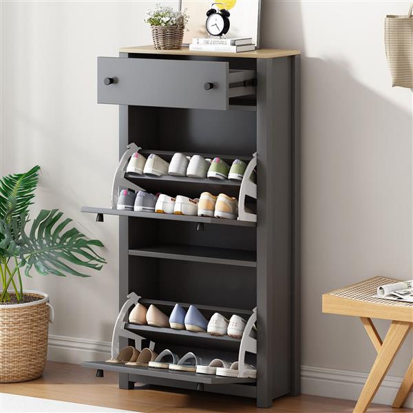 Functional Entryway Organizer with 2 Flip Drawers, Wood Grain Pattern Top Shoe Cabinet with Drawer, Free Standing Shoe Rack with Adjustable Panel for Hallway, Grey